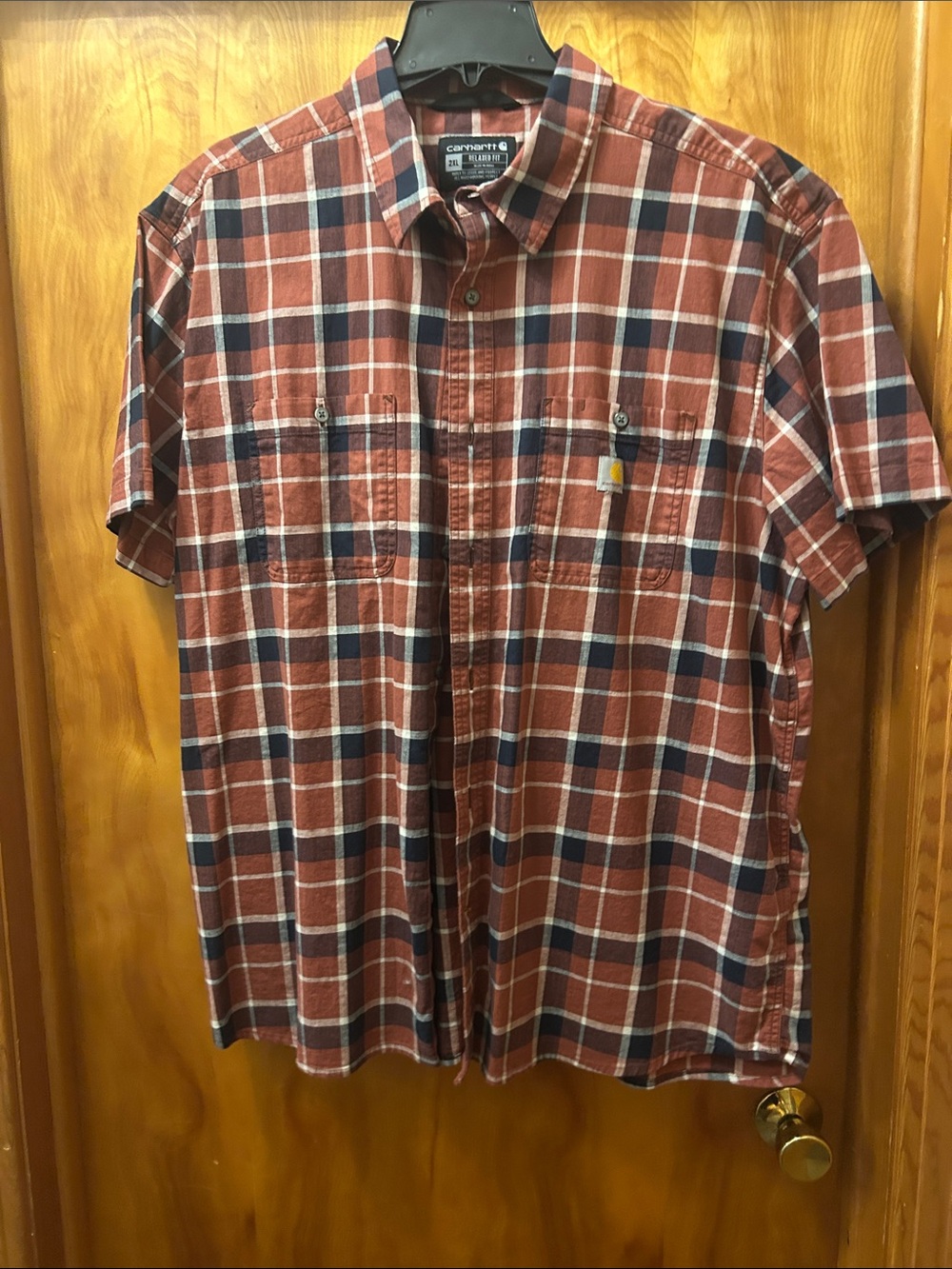 Carhartt Short Sleeve Plaid Button-Up Shirt in Rust and Navy